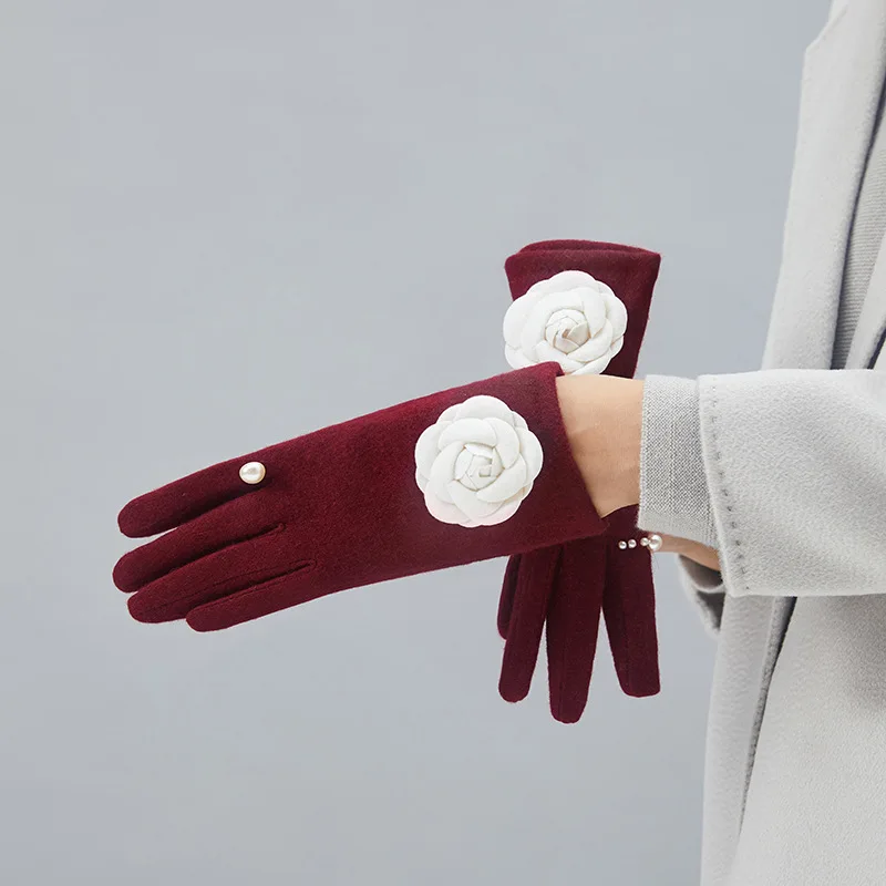 Зимние перчатки для женщин брендовые дизайнерские варежки в стиле камелии