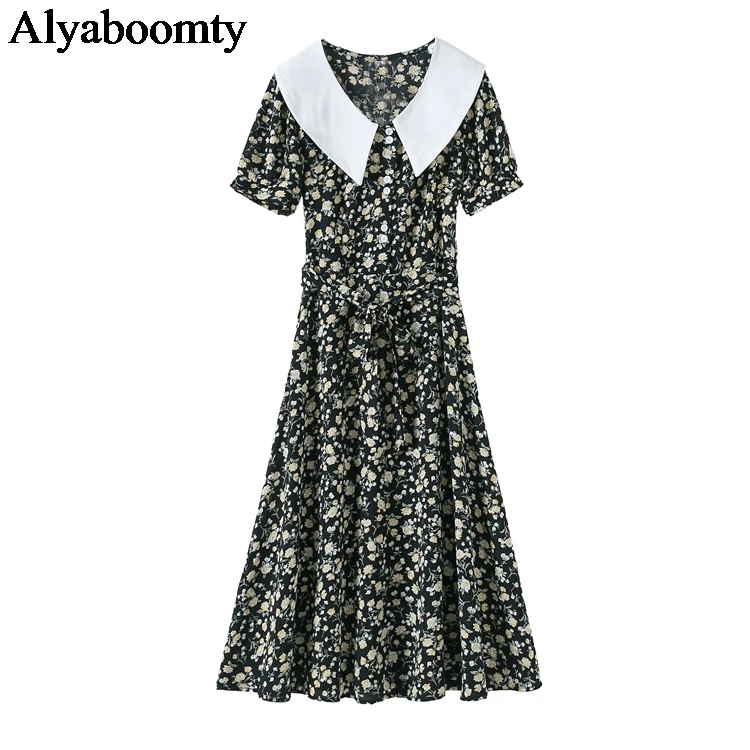

2021 Korean Style Summer Women Long Dress Peter Pan Collar Black Floral Printed Dress Prairie Chic Elegant Chiffon A-Line Dress