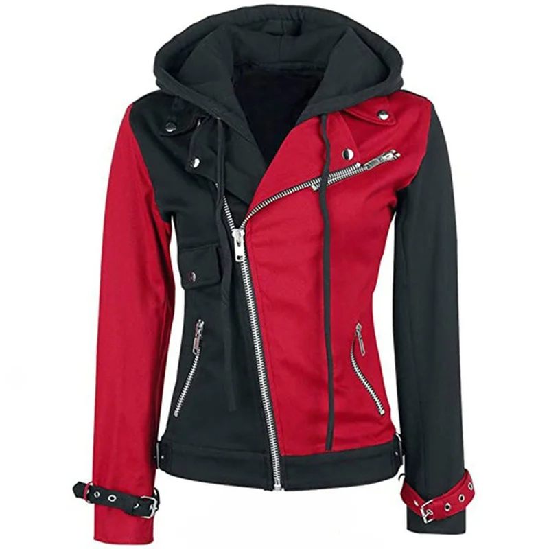

Punk Jacket Women Biker Coat Autumn Fashion Slim Casual Pachwork Long Sleeve Hooded Jackets Zipper Coats Plus Size 2021
