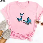 Футболка Harajuku с коротким рукавом, женская футболка с мультяшным принтом бабочки, розовый женский топ, Летняя женская одежда, футболка с графическим рисунком
