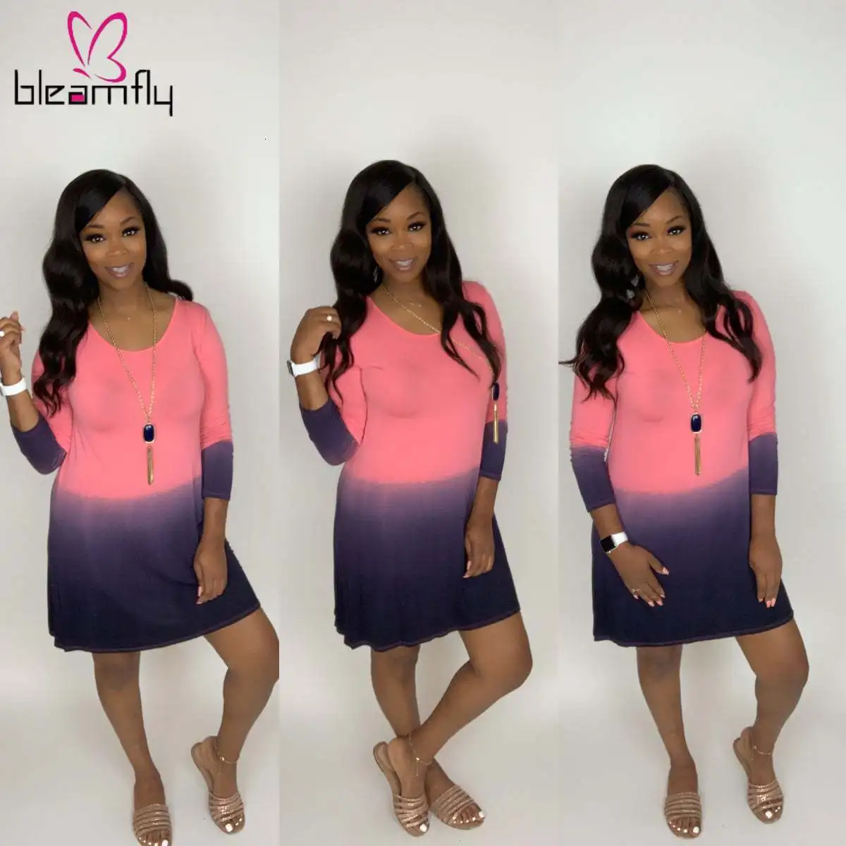 2019 женское осеннее свободное мини платье с градиентным принтом и круглым вырезом