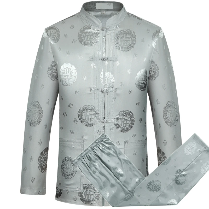 Gray Chinese Dragon Men's Tang Suit Sets Long Sleeve Shirt Long Pants Dragon Kung Fu Suit High Quality Silk Wu Shu Tai Chi Sets - Цвет: C gray