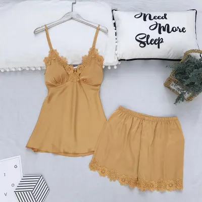 Women faux Silk Pajamas Sexy Sleepwear Sleeveless Pyjamas Silk Lace Short Soft Nightgrown For Women Summer New Arrival