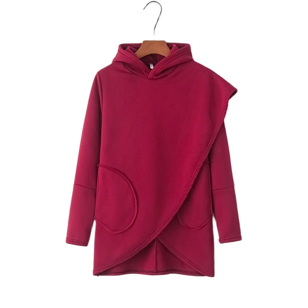Женская Асимметричная толстовка с капюшоном из натурального хлопка карманами |