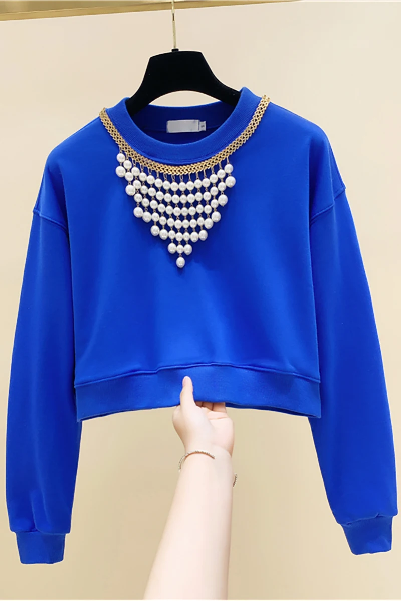 

Heavy Industry Beads Pullover Short Sweatshirt for Women 2020 Autumn Winter New Loose All-Matching Hoodie Top Girs Lady Hoodies