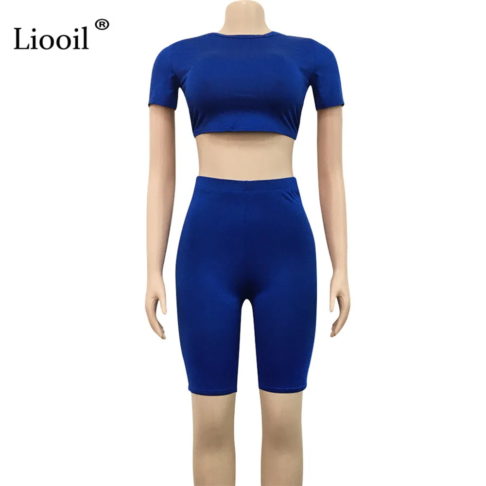 

Liooil Two Piece Backless Set Sexy T Shirt Crop Tops And Shorts Short Sleeve High Waist Black Blue 2pcs Tight Sets Club Outfits