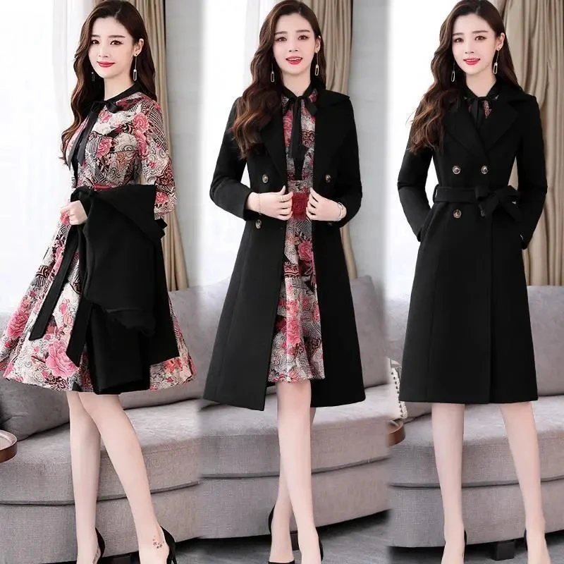 Элегантный шерстяной Тренч средней длины + платья с принтом женская одежда из 2