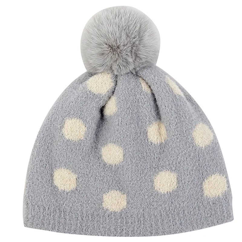 

Lovely Baby Winter Coral Velvet Beanie Hat Boy Girls Dot Print Hat Elastic Candy Color Soft Warm Skull Cap with Pompom Caps