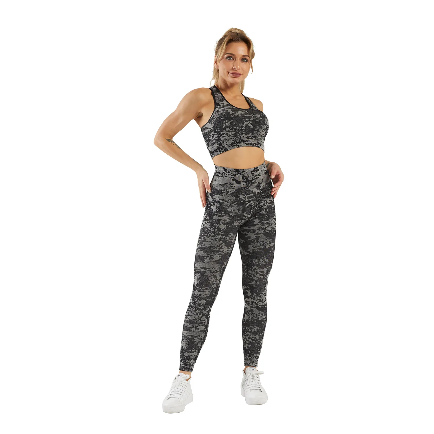 

2pcs In Stock Knitted Seamle ss Bra Vest Long Sleeve Pants Camouflage Printed Fitness Yoga Suit Women Active Wear Free Shipping