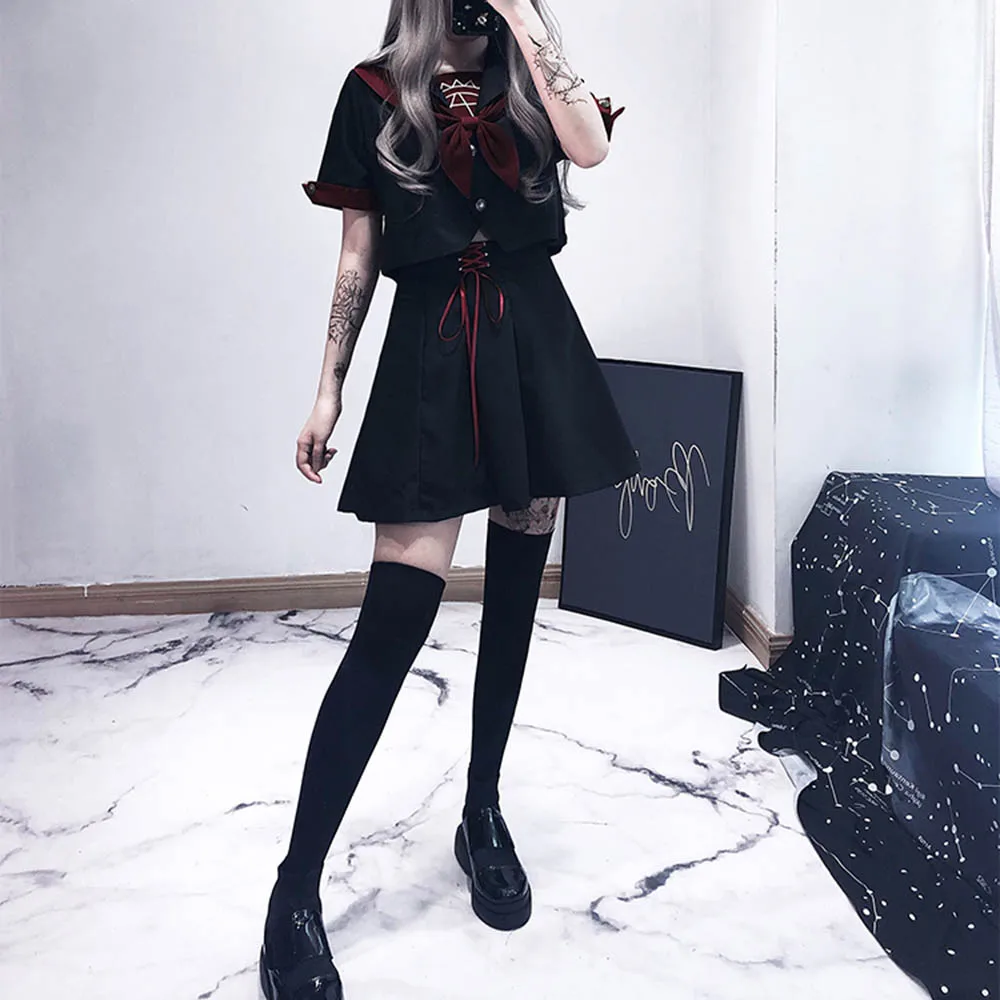 

Goth Student Uniform Sailor Sets Women Short Sleeve Embroidery Lace-Up Bowknot Two Piece Set Party Club Streetwear Youth Trendy