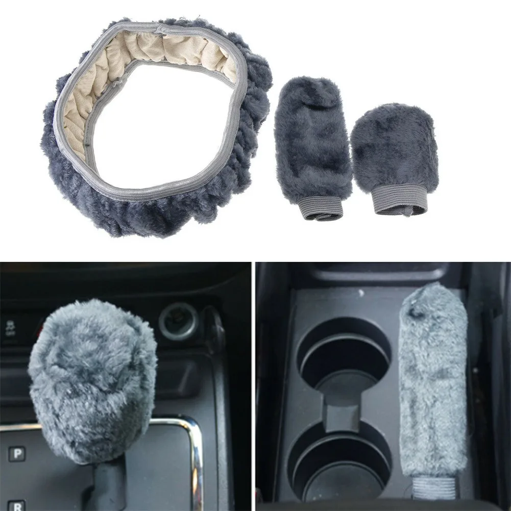

3Pcs Soft Warm Plush Wool Steering Wheel Cover Gear Shift Cover Handbrake Cover Grey Winter Fluffy Car Interior Accessory