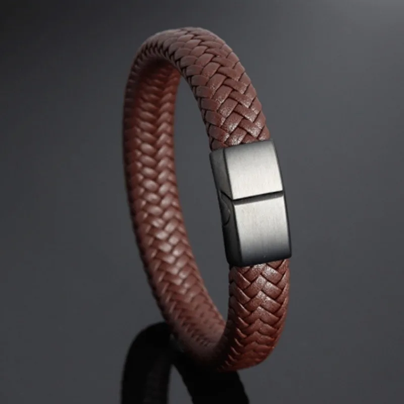 Punk Brown Braided Leather Bracelet for Men High Quality Jewelry Metal Magnetic Clasp Bracelet Male Gift