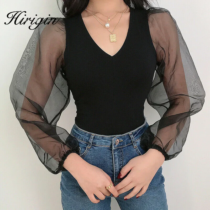 Черный белый оранжевый шифоновый сетчатый с пышными рукавами женский боди