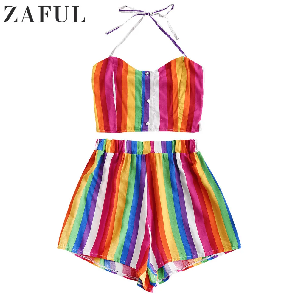 Женский комплект из двух предметов ZAFUL свободные шорты в радужную полоску с