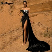 sodigne one shoulder black velvet evening dresses shinny sequined long formal party dress elegant side split arabic prom gowns