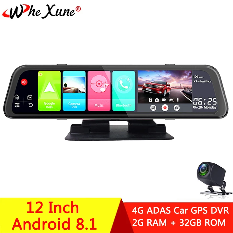 WHEXUNE 12 &quot4G Android 8 1 Автомобильные видеорегистраторы Камера GPS навигации FHD зеркало