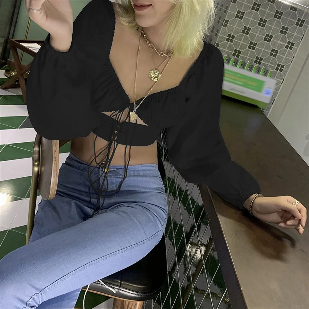 2020 Sexy Women clothes Strapless Shirts Crop Tops Fashion Hollow Bandage Square Collar solid color vintage | Женская одежда