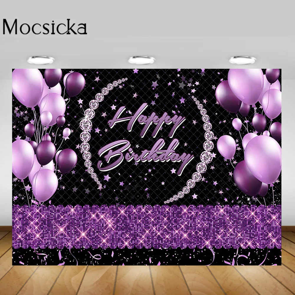 

Mocsicka Birthday Decor Woman Happy Birthday Party Backdrops for Photography Purple Balloon Little Star Glitter Photo Background
