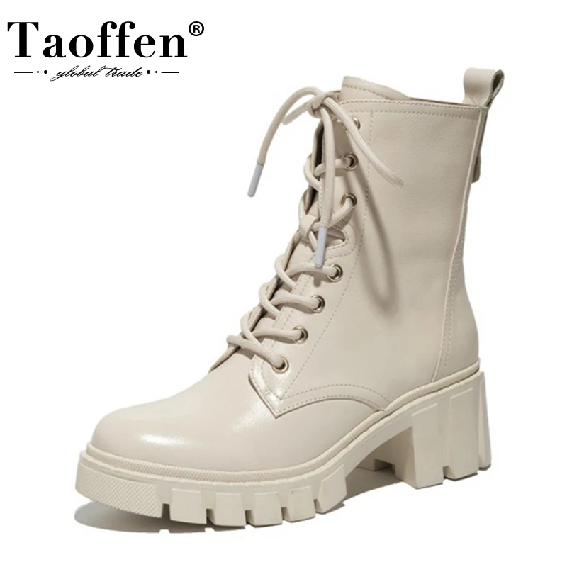 TAOFFEN Woman Short Boots Genuine Leather Thick Bottom Platform Ankle Cool Winter Shoes Footwear Size 34-39 | Обувь