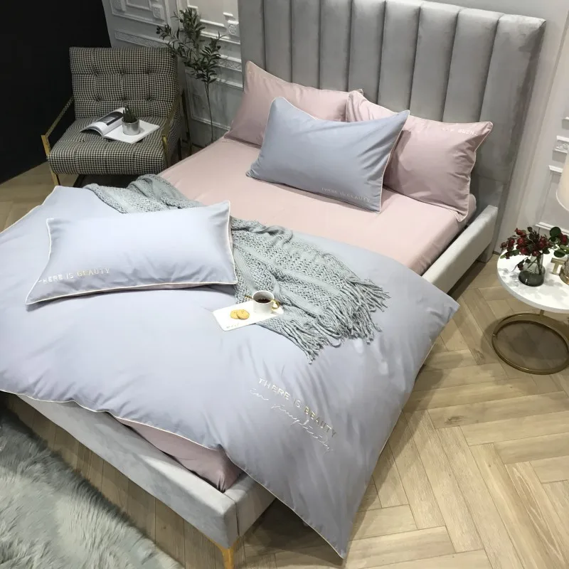 

Luxury Egyptian Cotton Bedding Set Pure Blue 60S Double Strand Duvet Cover Set with Bed Sheet/Quilt Cover/Pillowcase 4pcs