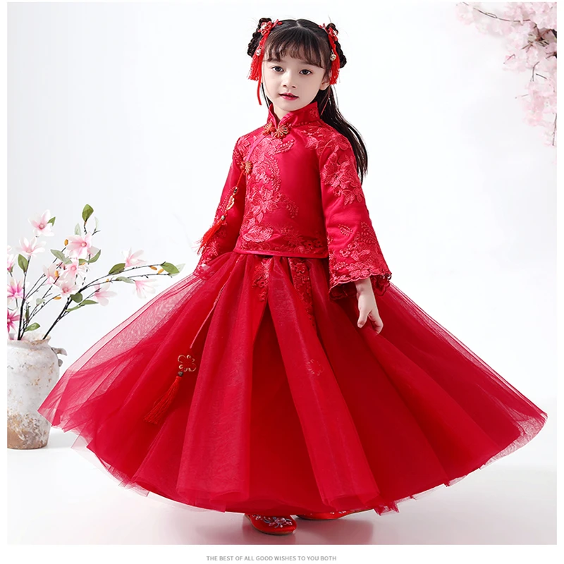 Китайское платье Кружевное принцессы для девочек Вечерние платья красного цвета