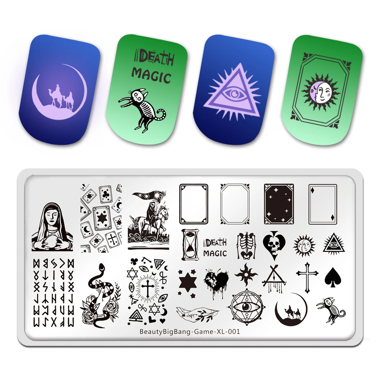 

Beauty Big Bang Stamping Plates Practise Divination Mysterious Eye Snake Element Tarot Cards Image Nail Art Template Game XL-001