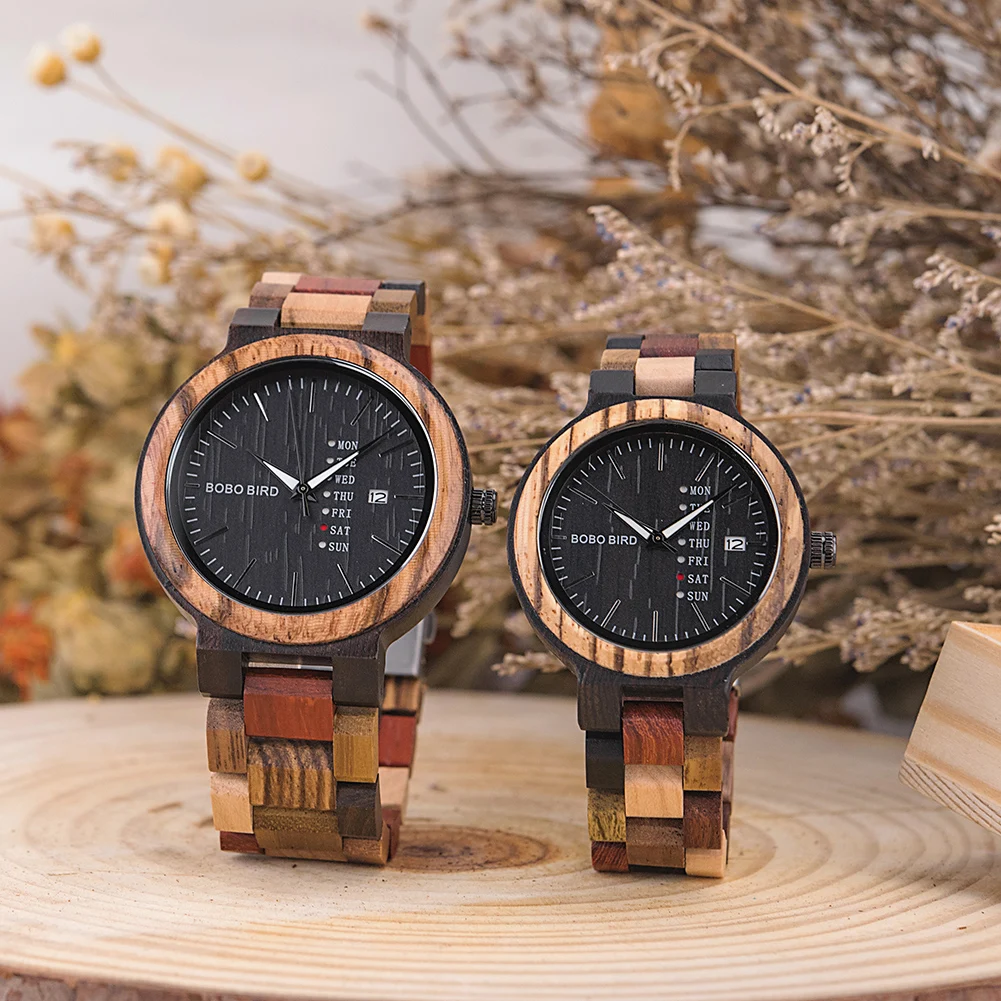 

BOBO BIRD Wooden Watch Men Relogio Masculino Fashion Couple Quartz Wristwatch Date and Week Display Women Retro Timepieces Gift