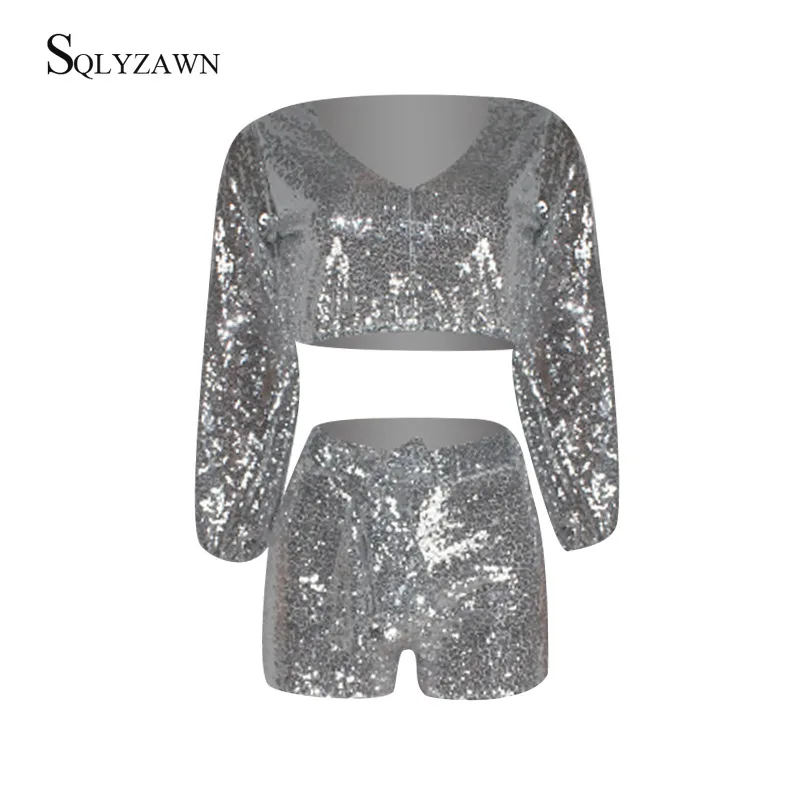 Женский комплект из двух предметов короткий топ с блестками и длинным рукавом |