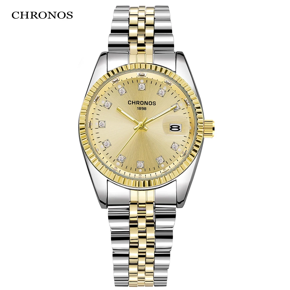 

CHRONOS Manner Luxus Strass Uhr Gold Wasserdichte Edelstahl Armband Kalender Armbanduhr Mannlichen Zwei Ton Business Uhr