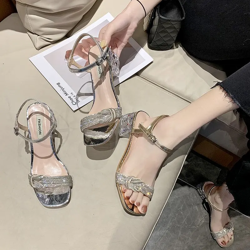 

2021 Summer Rhinestone Sandals Block Heels Comfort Shoes for Women Suit Female Beige Buckle Strap Chunky Fashion High Black New
