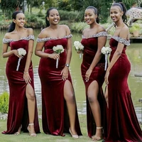 velvet burgundy mermaid bridesmaid dresses african off shoudler beaded plus size wedding guest dress side split maid of honor