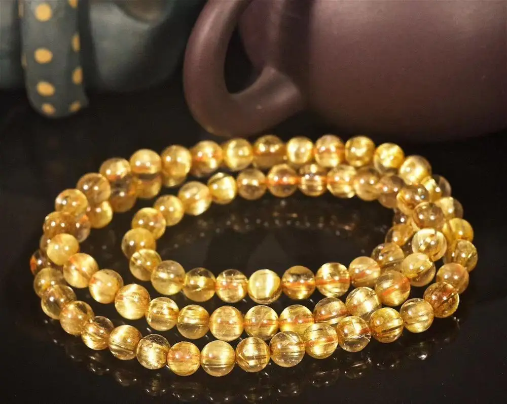 Бразильский браслет из натурального золота 6 мм рутилированный кварц