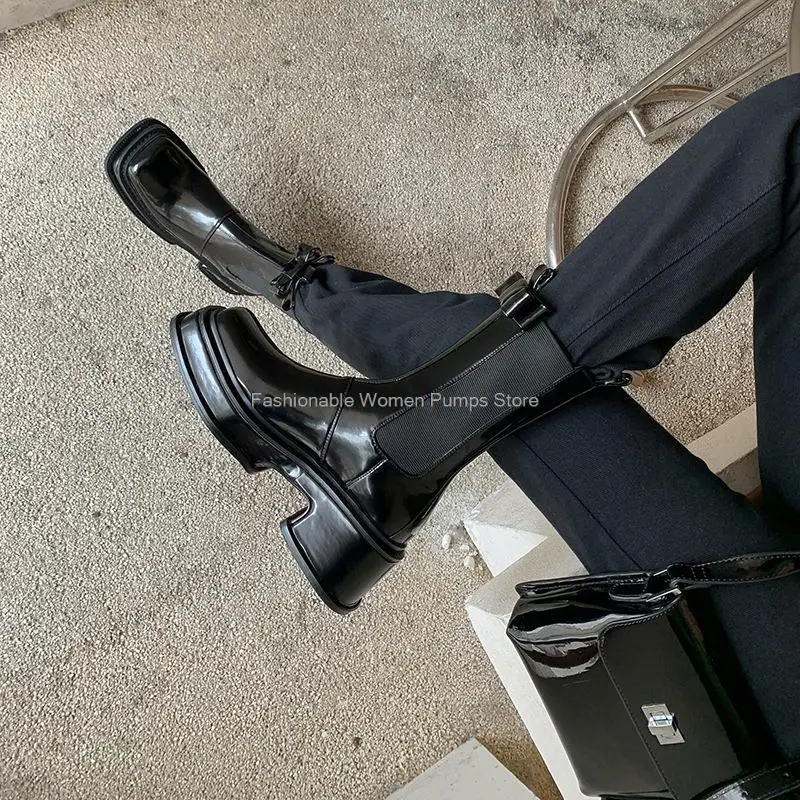 

Ankle Bowknot Woman Chelsea Boots Sweet Cool Slip On High Heels Women Platform Boots BV Patent Leather Short Boots Female Shoes