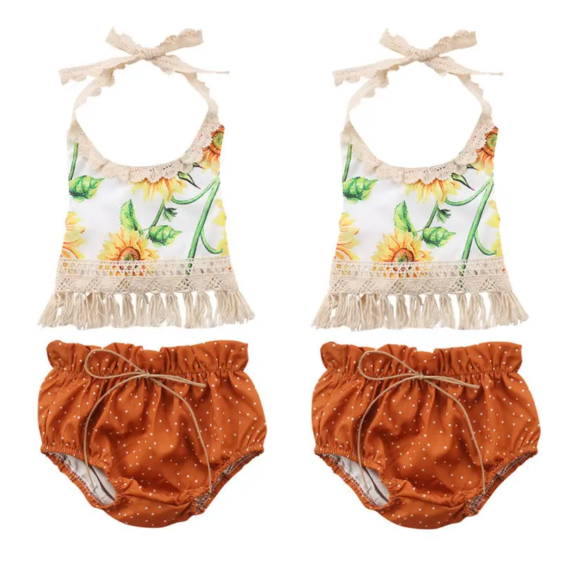

Newborn Kids Sunflower Set Baby Girls Flower Tassel Tops Shorts Outfits Sunsuit