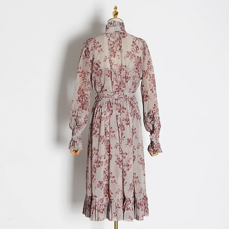 

XIZIHUPAN Print Lace Up Dress For Women Bow Collar Long Sleeve High Waist Patchwork Ruffle Spring Dresses Female Fashion New