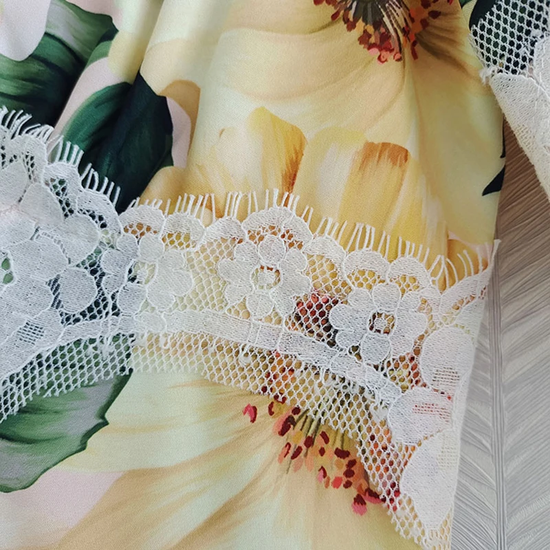 

VGH Floral Print Elegant Dress For Women V Neck Short Sleeve High Waist Patchwork Lace Casual Maxi Dresses Female Fashion Summer