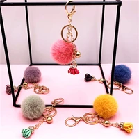 5pcslot fluffy rabbit fur ball key chain cute candy colors pompom artificial rabbit fur keychain women car bag key ring