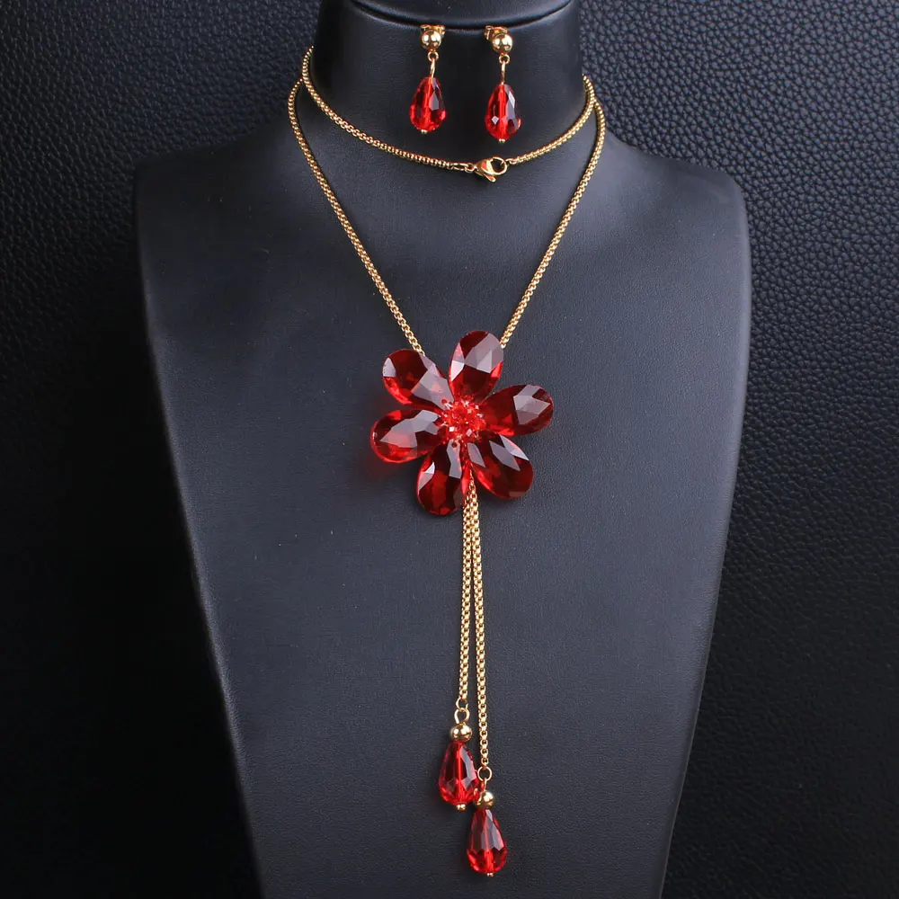 Длинные цепочки свитер большой цветок 4 цвета кулон ожерелье и серьги-гвоздики