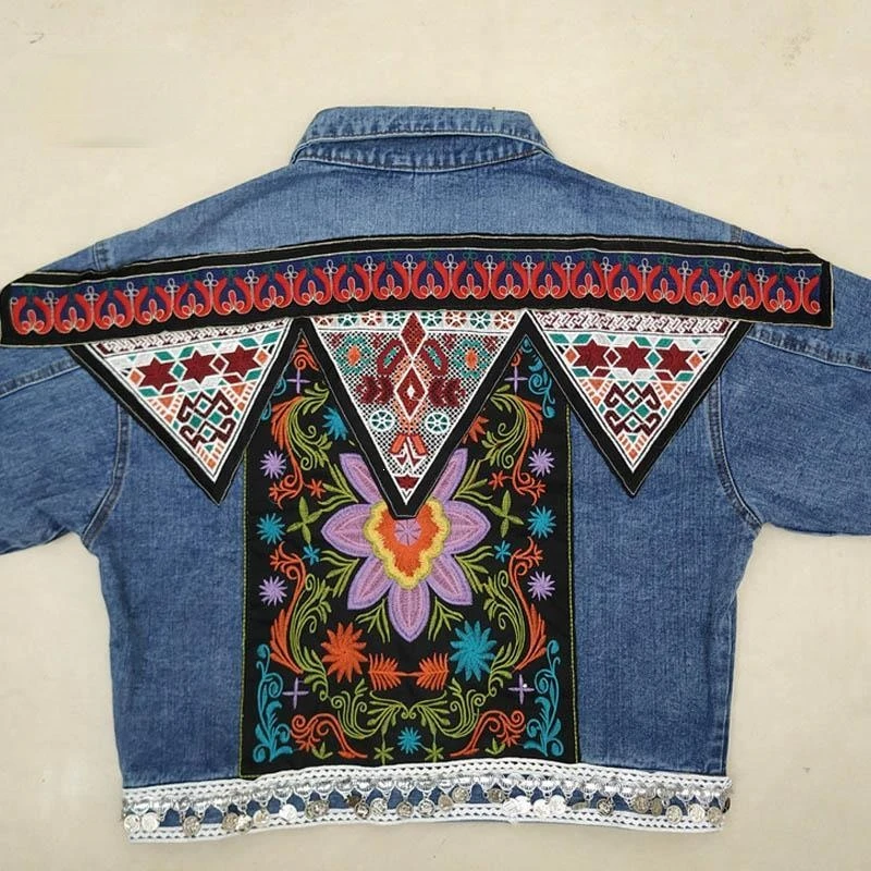 

Zoulv Turn-Down Collar Back Beading Floral Embroidery Denim Coats Long Sleeve Women Jeans Jackets Ethnic Vintage Denim Jackets