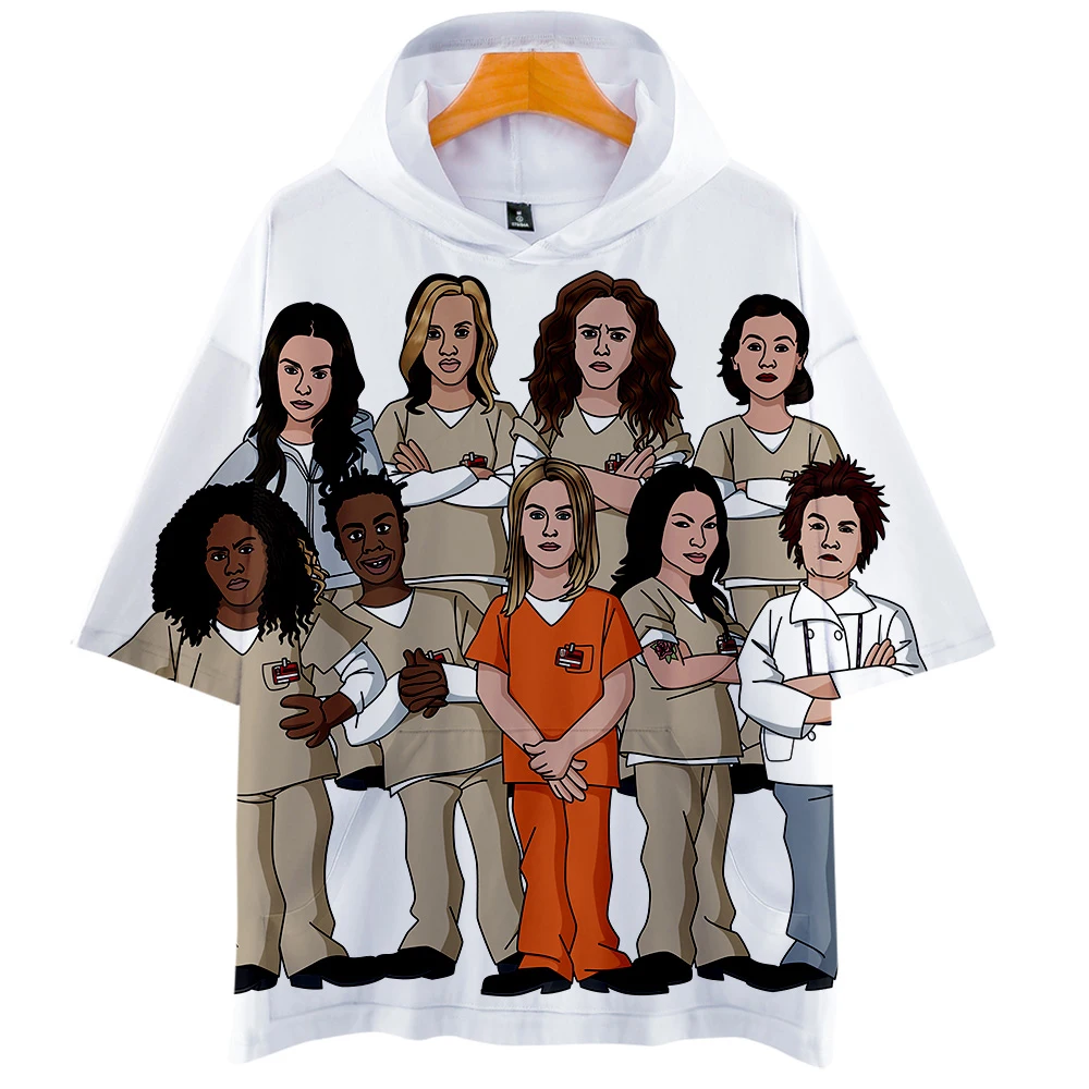 Оранжевая Новая Черная футболка с капюшоном принтом Мужская/женская летняя