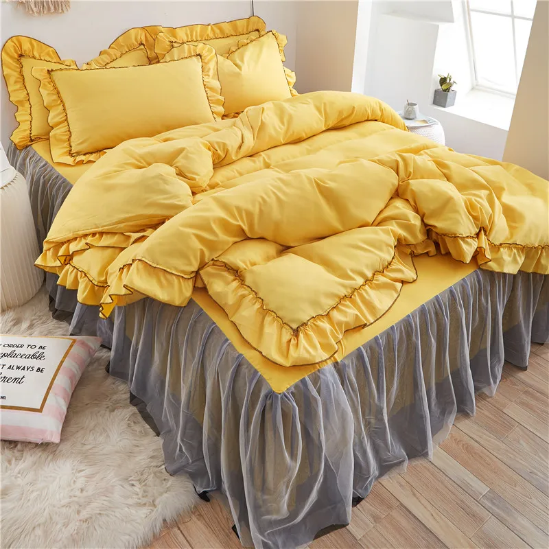 

Princess Style Ruffles Home Bedding Set For Double Bed Four Piece Lace Solid J7
