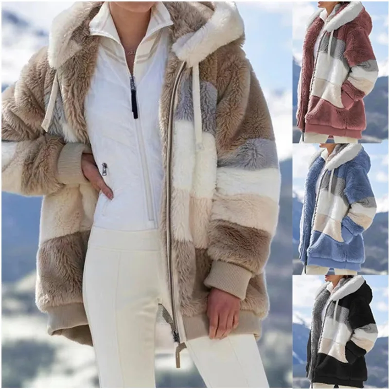 Hot Style European American Women's Jackets Autumn 2021 Hooded Loose Rabbit Fur Imitation Fur Zipper Cardigan Plush Warm Jacket