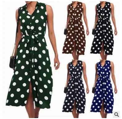 

Plus size 2020 new hot-selling women's dress summer sleeveless polka dot high waist lace chiffon sexy fashion dress