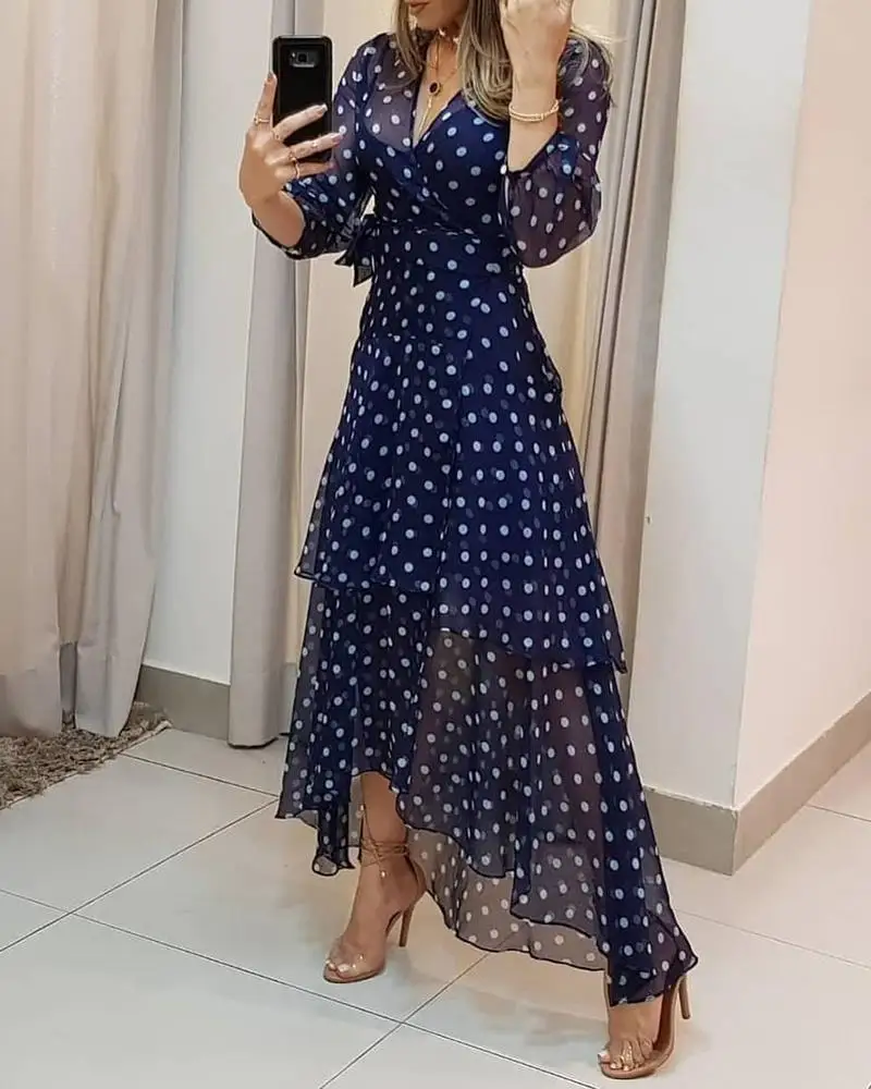

Polkadot Print Layered Ruffles Maxi Dress