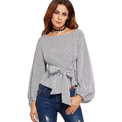 Fashion Striped Off Shoulder Shirt Blouse Formal Style Female Top Women Ladies Bowknot Long Sleeve Tunic Kimono Blouses | Женская одежда