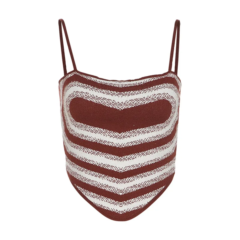 

ArtSu Heart Knitted Top Summer Streetwear Striped Sleeveless Crop Tops Sexy Beach Backless Brown Tank Tops Female VE52857