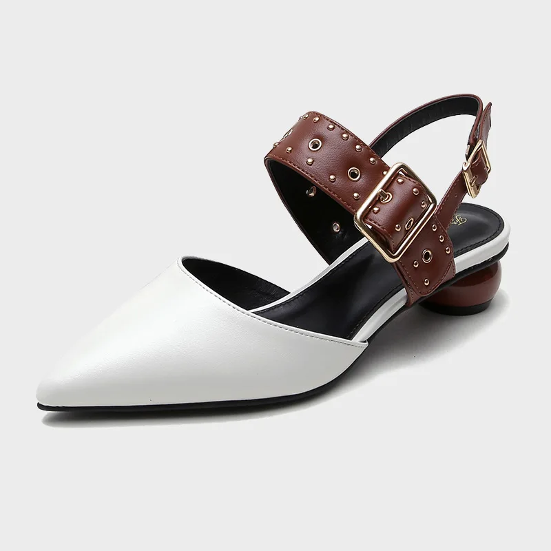 

2021 spring and summer new low heel fashion white pointed shallow mouth single shoe rivet back air color matching round heel