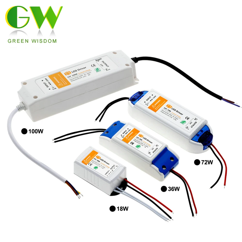 Светодиодный трансформаторы DC12V 18W 36W 72W фары для 100W драйвер Мощность адаптер