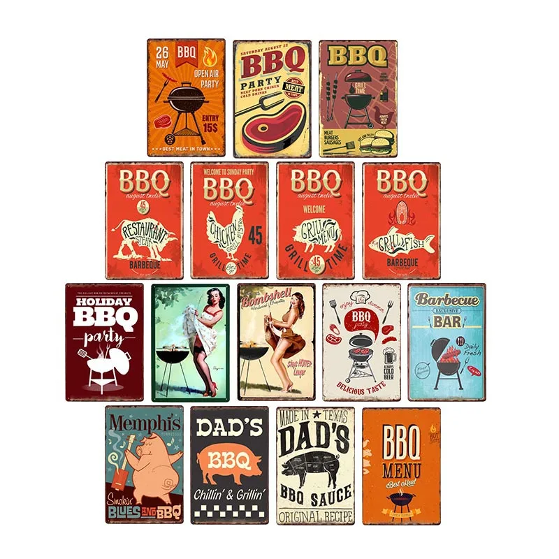 

BBQ Party Plaques Vintage Metal Sign Wall Poster Shabby Chic Antique Pub Room Hotel Retro Wall Painting Home Decor 20x30 CM