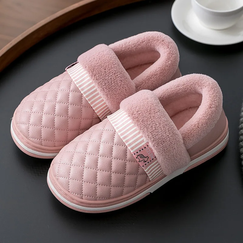 

Winter New Men Women Cotton Slippers PU Warm Water Proof Non-Slip Soft Plush Comfortable Light Couple Home Indoor Boots Shoes